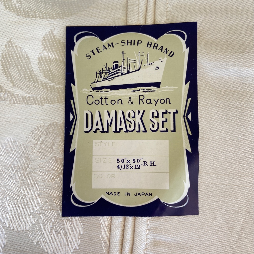 New in Box Vintage Ivory Damask Tablecloth and Napkin Set - 50” x 50” - 1950s
